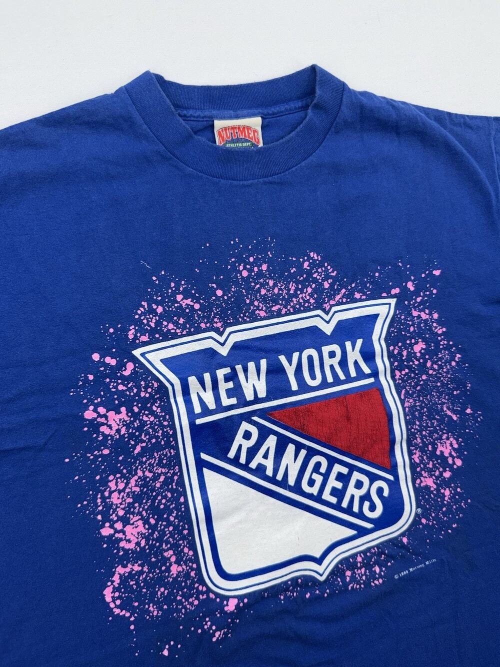 VTG 1989 Nutmag NHL New York Rangers Vinyl Logo T Shirt Size XL Blue